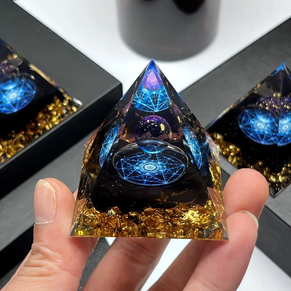 

Handcrafted Fantasy Crystal Pyramid with Natural Obsidian Chips - Relaxation, Meditation Aid for Home, Office and Car Decor