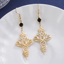 Dawapara Yoga Lotus Flower Unalome Symbol Bohemian Long Earrings Black Birthstone Buddhism Gift Stainless Steel Golden Jewelry