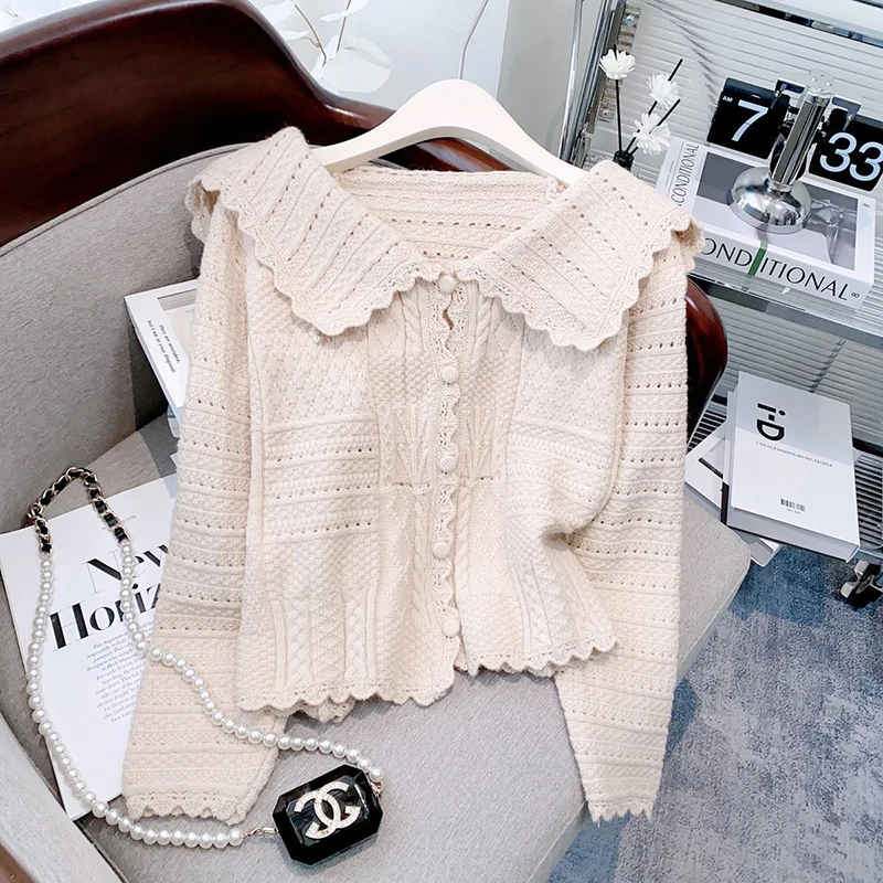 

Женский дышащий свитер, кардиган, ранняя осень, новый милый кукольный воротник, милый, нежный, свежий вязаный кардиган