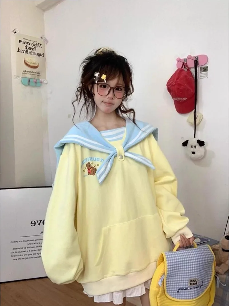 Autumn Navy Collar Multi-color Cute Cartoon Bear Print Long-sleeved Sweater Women