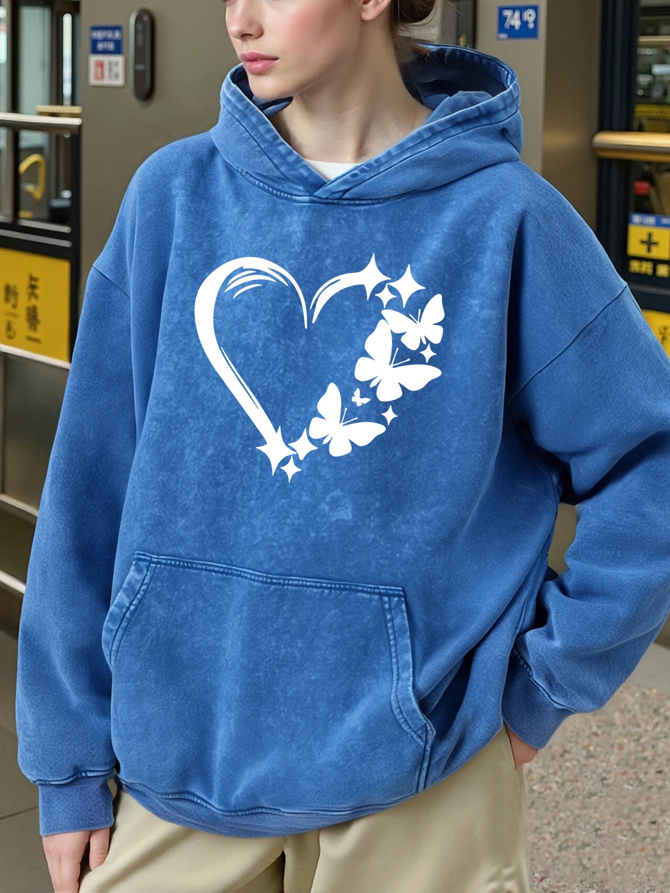 Kombination von Liebe und Schmetterling Druck Frau gewaschen Hoody lose Baumwolle Hoodies Herbst Winter Casual Pullover Tasche Sportbekleidung