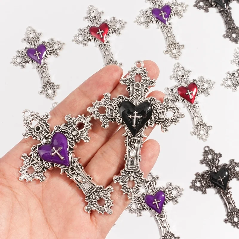 Multi Style Silver Wire Cross Pendant, Multi-Color Imitation Enamel Heart Cross Pendant, Gothic Thorn Pendant, Jewelry Accessory