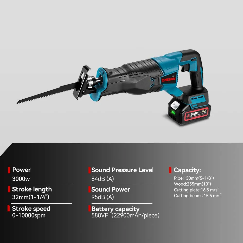 ONEVAN 3000W Cordless Electric Reciprocating Saw 10000SPM Cordless Multifunction Saw Wood Cutting Tools For Makita 18V Battery