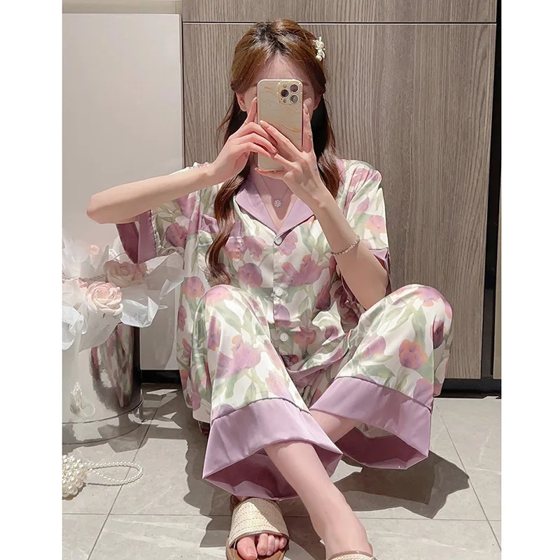 Ice Silk Pajamas for Women in Spring and Summer, New Short Sleeved Long Pants, Tulips, and Summer Silk Home Clothing Sleepwear