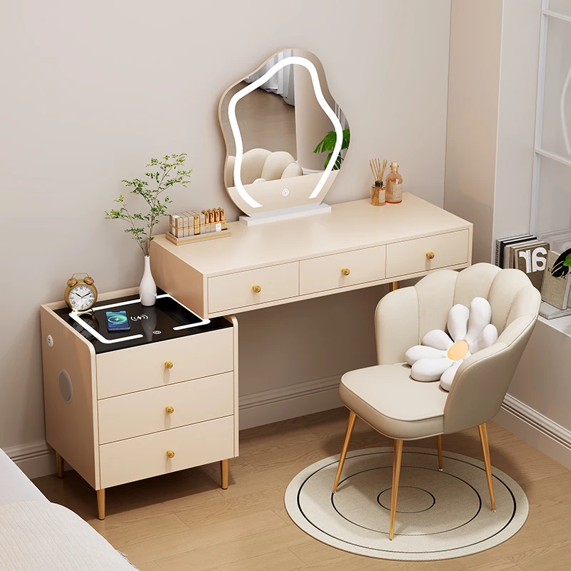 

Кремовый ветровой комод из цельного дерева, умный столик для макияжа, столик для макияжа в спальне, встроенный шкаф для хранения