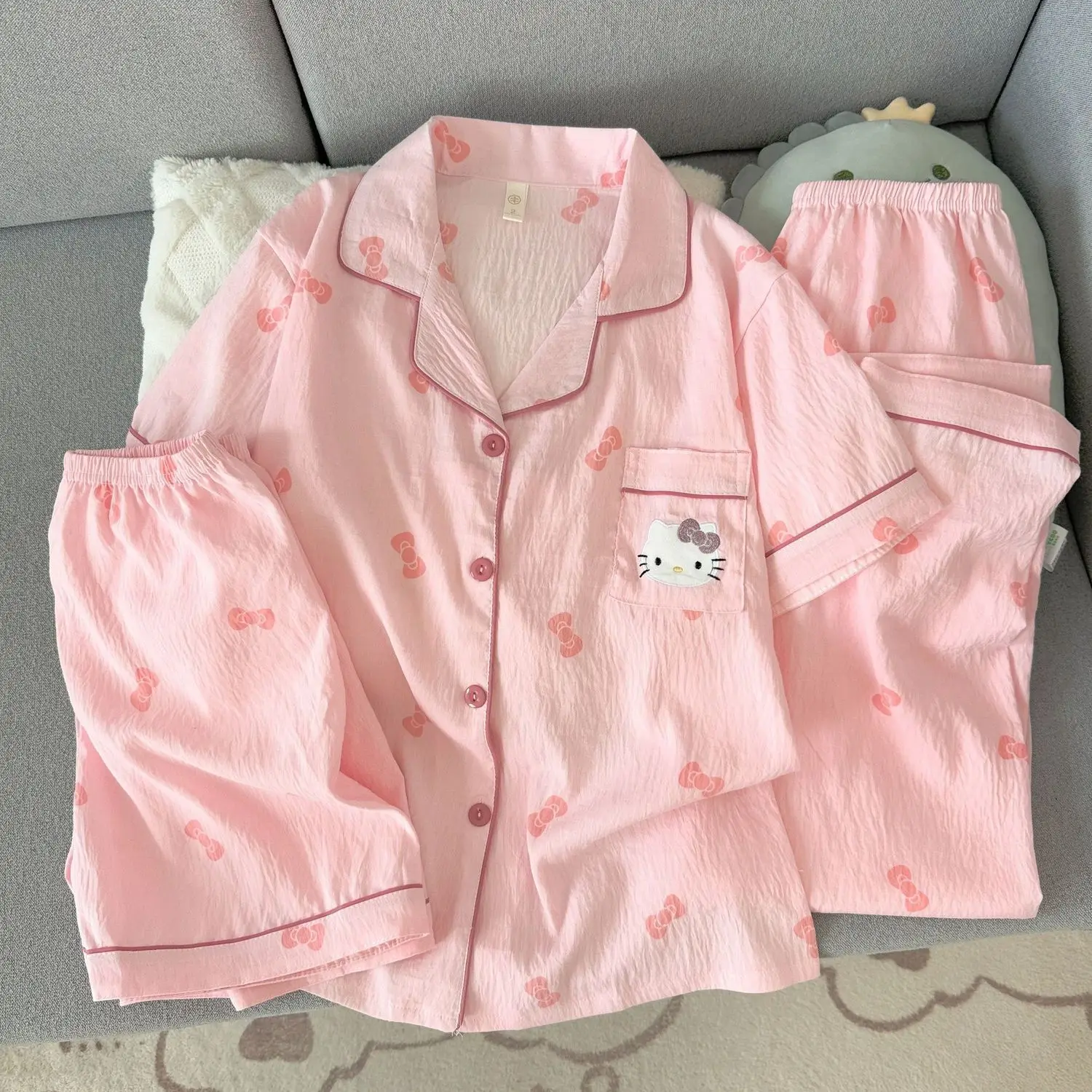 Sanrio Y2K Pajama 3 Piece Hello Kitty Pyjamas Kawaii Cartoon Pijama Summer Negligee Shorts Pant Long Sleeve Sleepwear Home Suit
