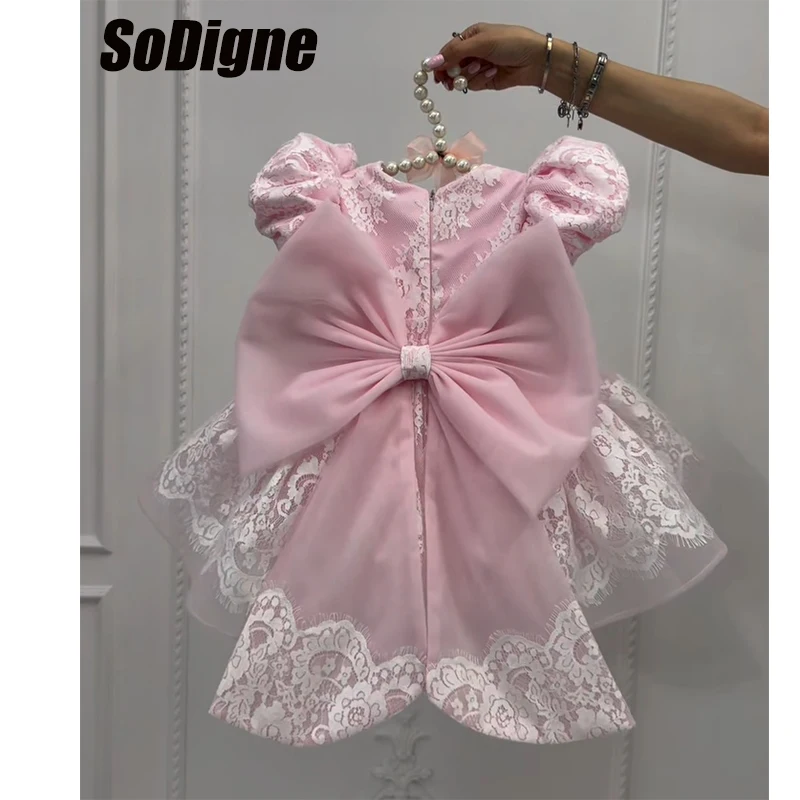 SoDigne A-line Tulle/Lace Flower Girl Dress 2026 Short Sleeves O-neck Girl Party Dresses Children's Birthday Gowns Customized