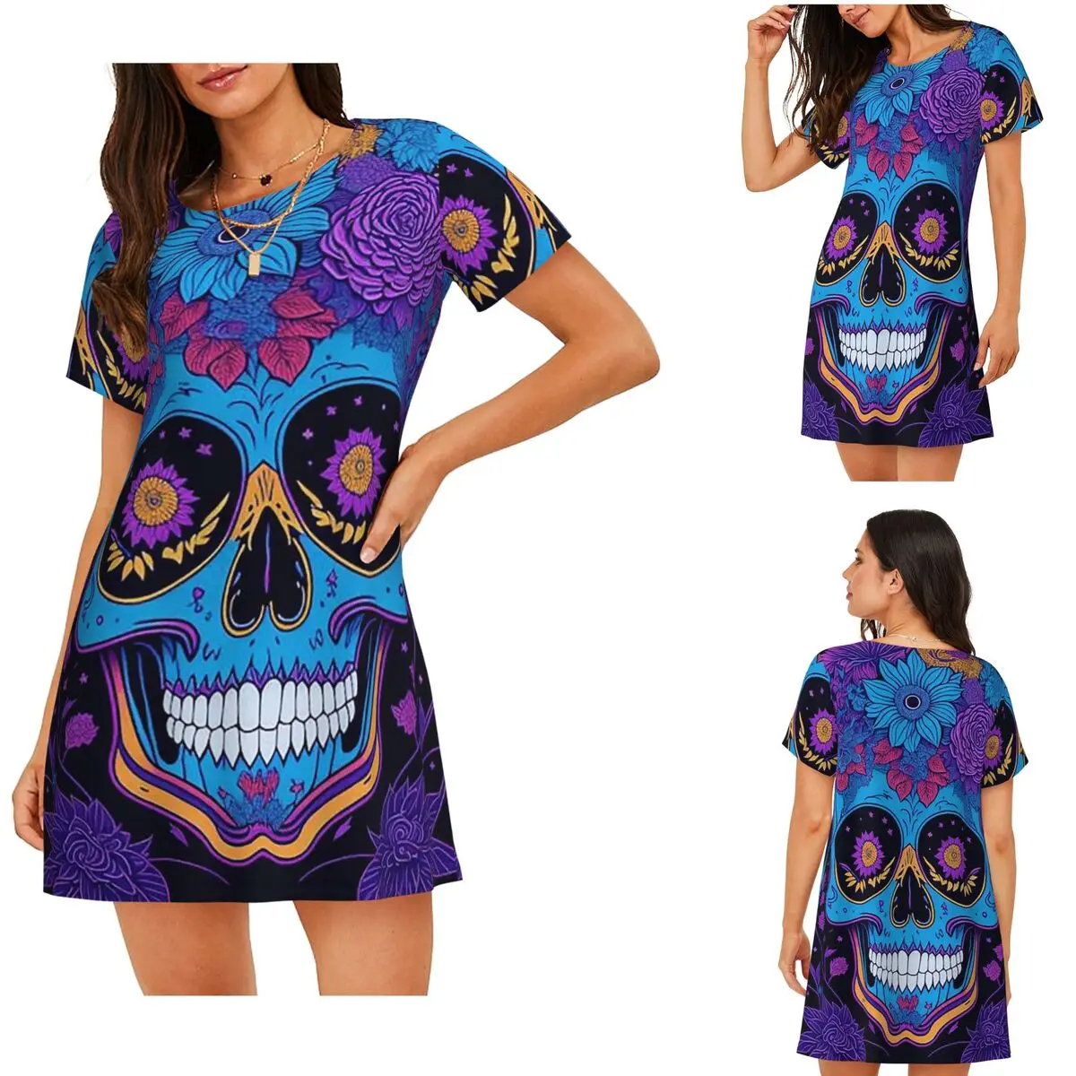 Custom Mexican Skull Calavera Illustration Short Sleeves Nightdress For Sleeping Women Short Sleeve Nightgowns Soft Pajama Dress