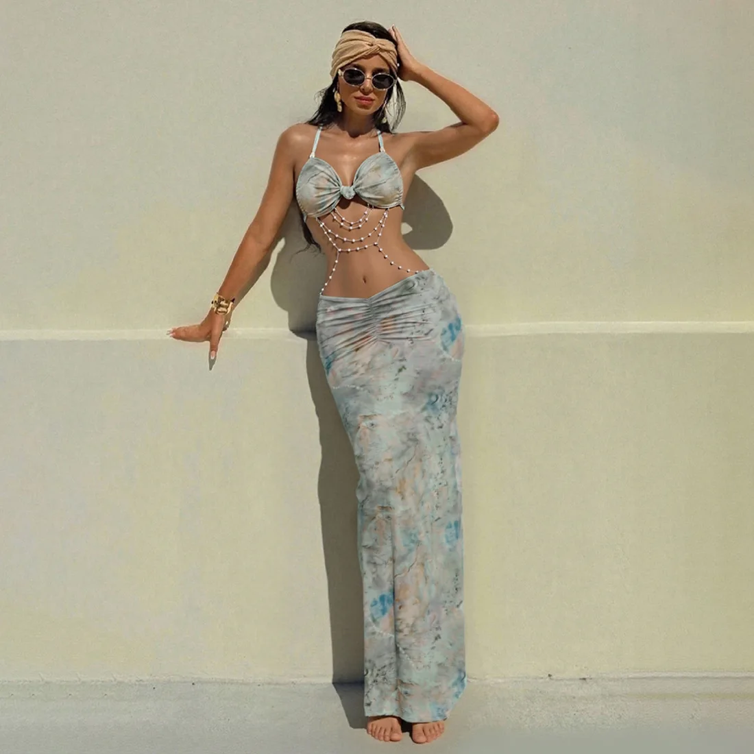 

European and American new spring women's halter neck lace-up beaded chain decorated slim backless sexy hot girl dress