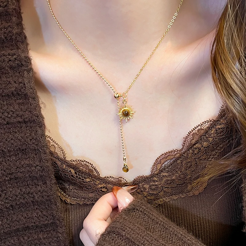 Lange Sonnenblume Tigerauge Stein Anhänger Halskette für Damen Accessoires 2025, neue Herbst/Winter Pullover Kette Licht Luxus Schmuck – Detail 10
