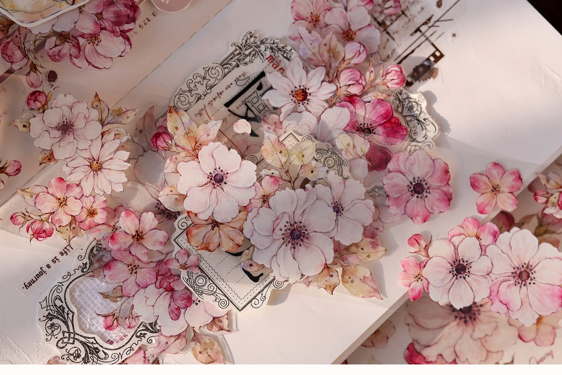 Taoyao Light Retro Pink and White Big Flower Washi PET Journal Sticker Goo Card Tape