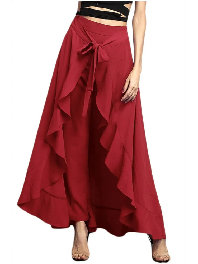 

Women's Elegant Solid Color Dress Pants Female Fancy High Waist Skirts Spring Autumn Ladies Irregular Ruffled Lace-Up Long Pant
