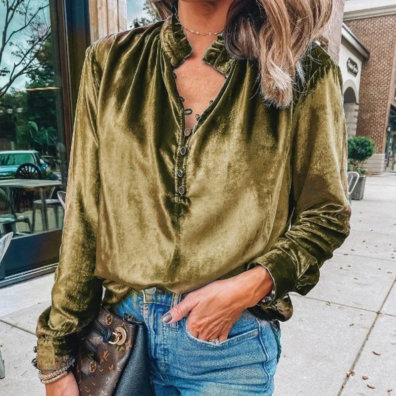 

Fashion V-neck Velvet Women Blouse Elegant Ruffles Buttons Loose Pullover Shirt Woman Casual Long Sleeve Tops Blusas Mujer 30194