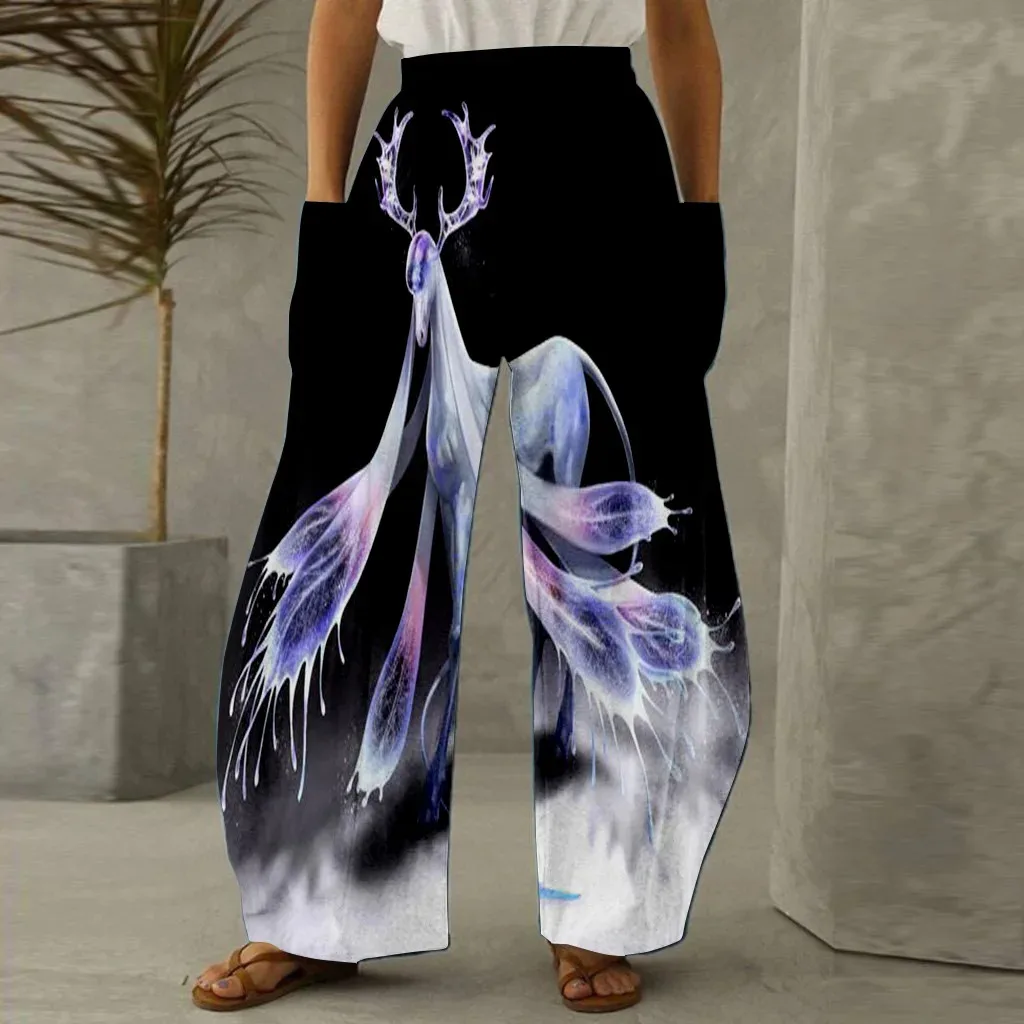 Pantalones de pierna ancha de cintura alta con estampado Digital 3d, pantalones sueltos, patrón de ciervo, Animal de bolsillo, moda, Europa y América, PantsWC5