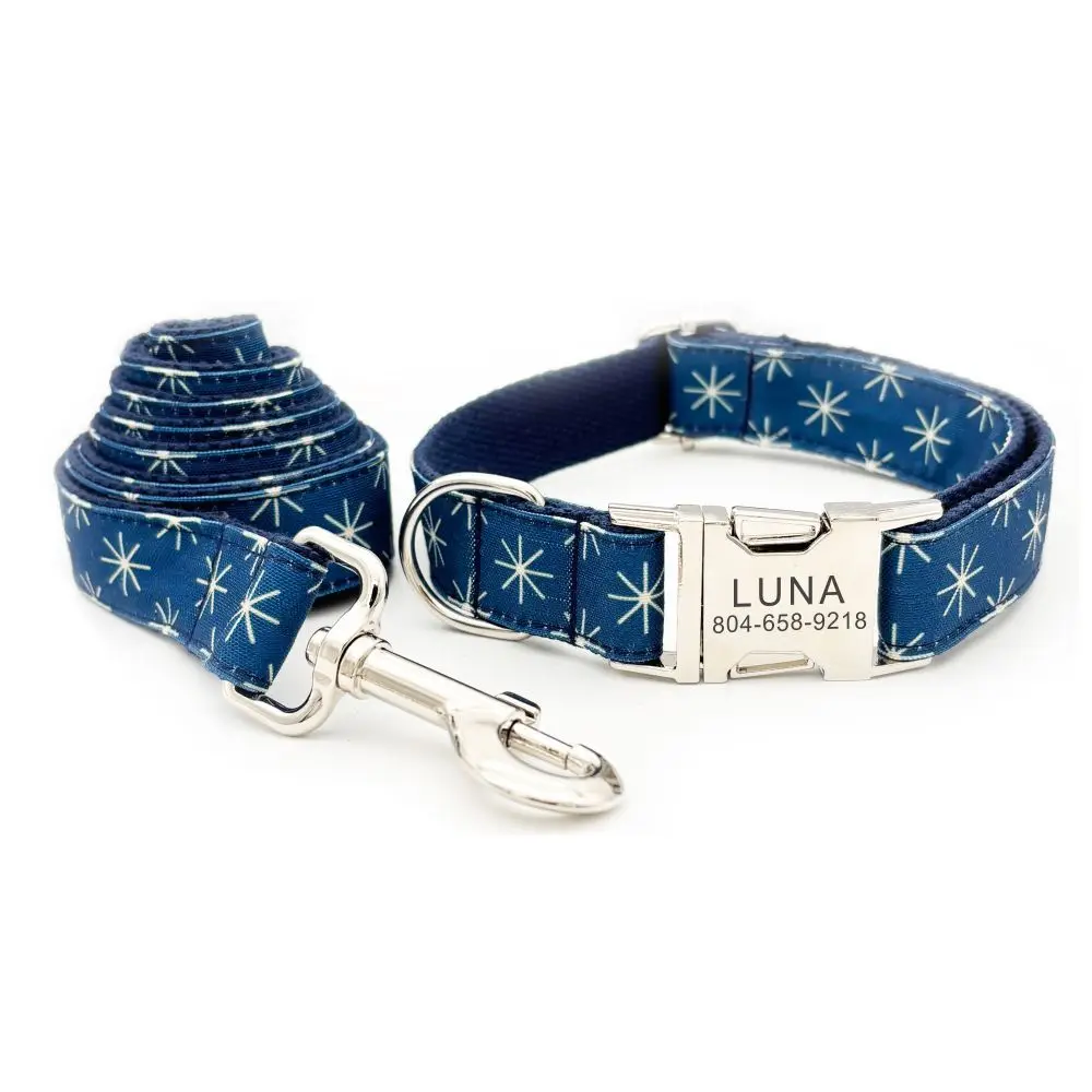 

Personalized Dog Collar with Free Engraving, Matching Pet Leash,Customzied Contacts Metal Buckle, Crossing Star Blue Pet Collar