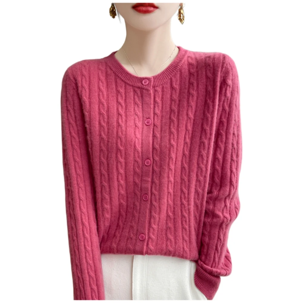 Solid Color Knit Cardigan Womens Round Neck Casual Knitted Outerwear Polyester Lightweight Sweater for Spring to Winter