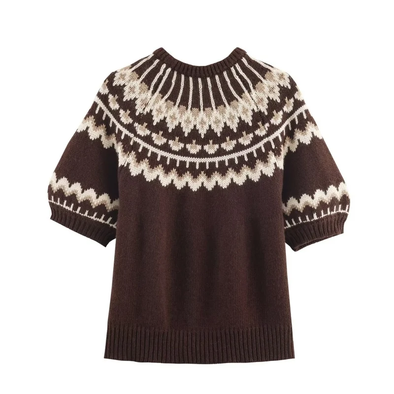 

Осенние вязаные топы с геометрическим узором и короткими рукавами, женские жаккардовые винтажные теплые пуловеры, джемпер, женская повседневная одежда 2025