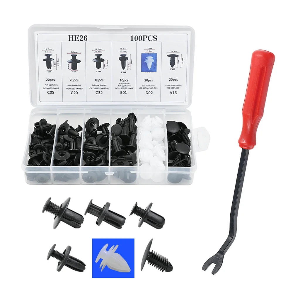 

100PCS HE26 Car Rivet Fixing Hook Set For Fender Clamps Plug Suspension Rivet Threshold Repair Clamp On Finish Panels