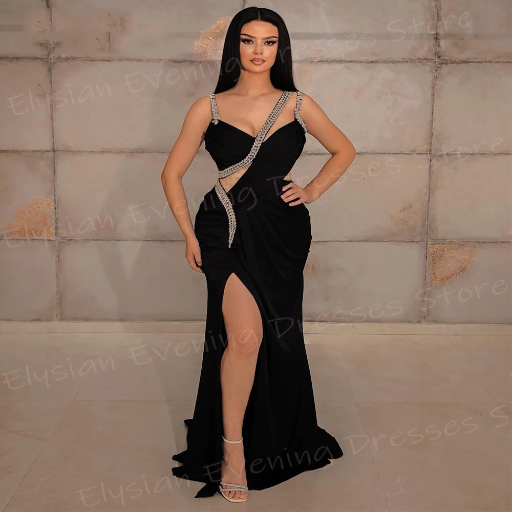 Sexy Black Women's Mermaid Beautiful Evening Dresses Spaghetti Strap Sleeveless Prom Gowns Side Split Beaded Vestido De Noche