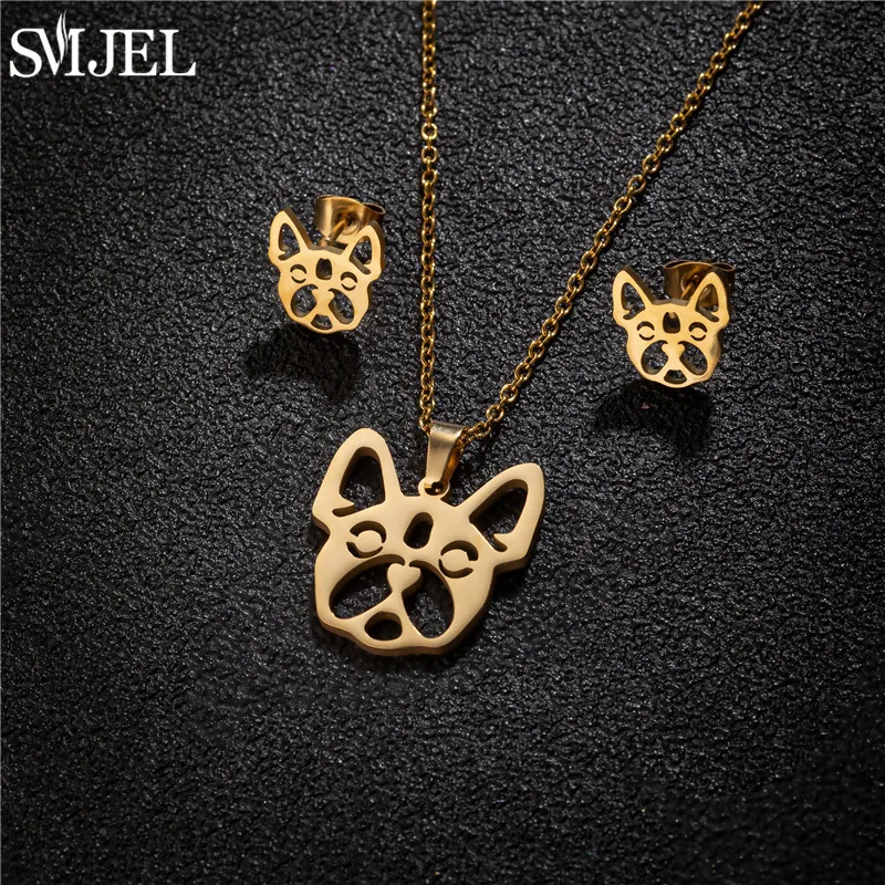 Cartoon Chihuahua Dog Jewelry Sets Fashion Stainless Steel Dog Paw Stud Earrings for Women Girls Birthday Gift Collier Femme