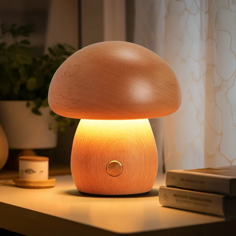 2024CreativeinsSolid Wood Mushroom Small Night Lamp Ambience Light Bedside Lamp Decoration Beech ChildrenLEDTable Lamp Girls' Gi