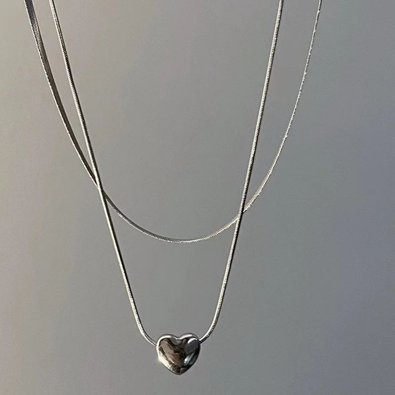 

Double Layered Silver Color Love Heart Snake Bone Chain Pendant Necklace Women 2025 New Trendy Simple Charming Jewelry Gift