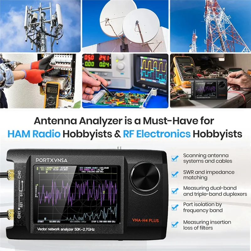 B50B-Nanovna-H4 Plus Portable Vector Network Antenna Analyzer 4In IPS LCD Display Touch Sreeen 50Khz 2.7Ghz Bulid In 5000Mah