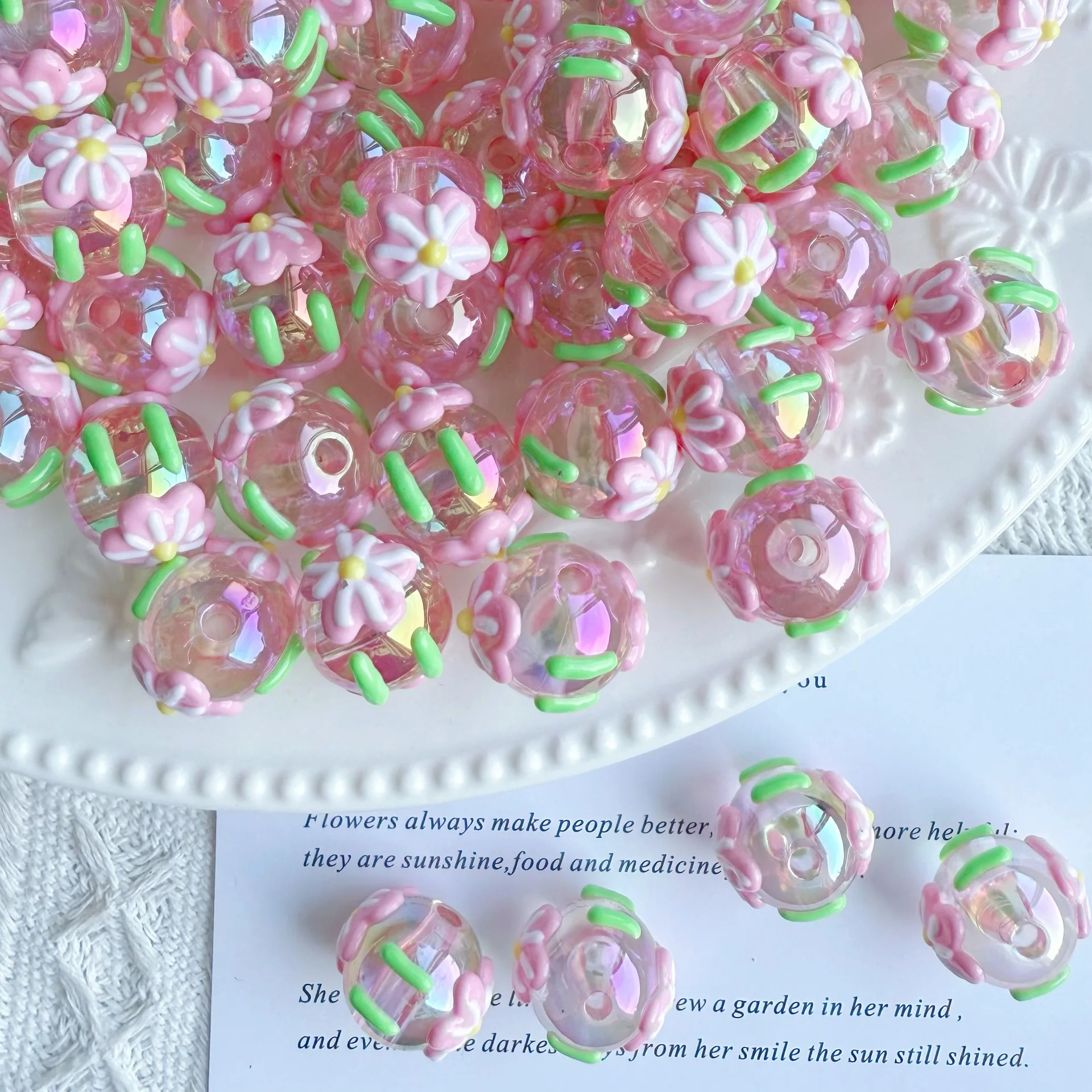 CH54 5Pcs Candy Color Sweet Flowers Glass Minimalist Charm Through Hole Beads DIY Pen Mobile Phone Jewelry Beads Trend Bracelet
