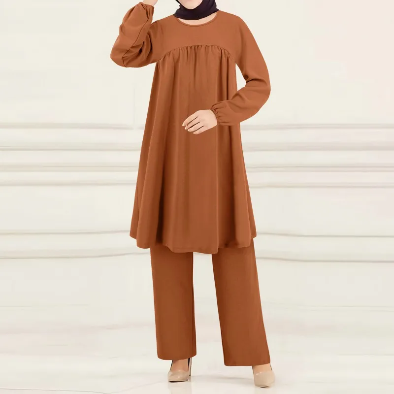 Middle East Türkiye Round Neck Long Sleeve Shirt and Loose Wide Leg Pants Set