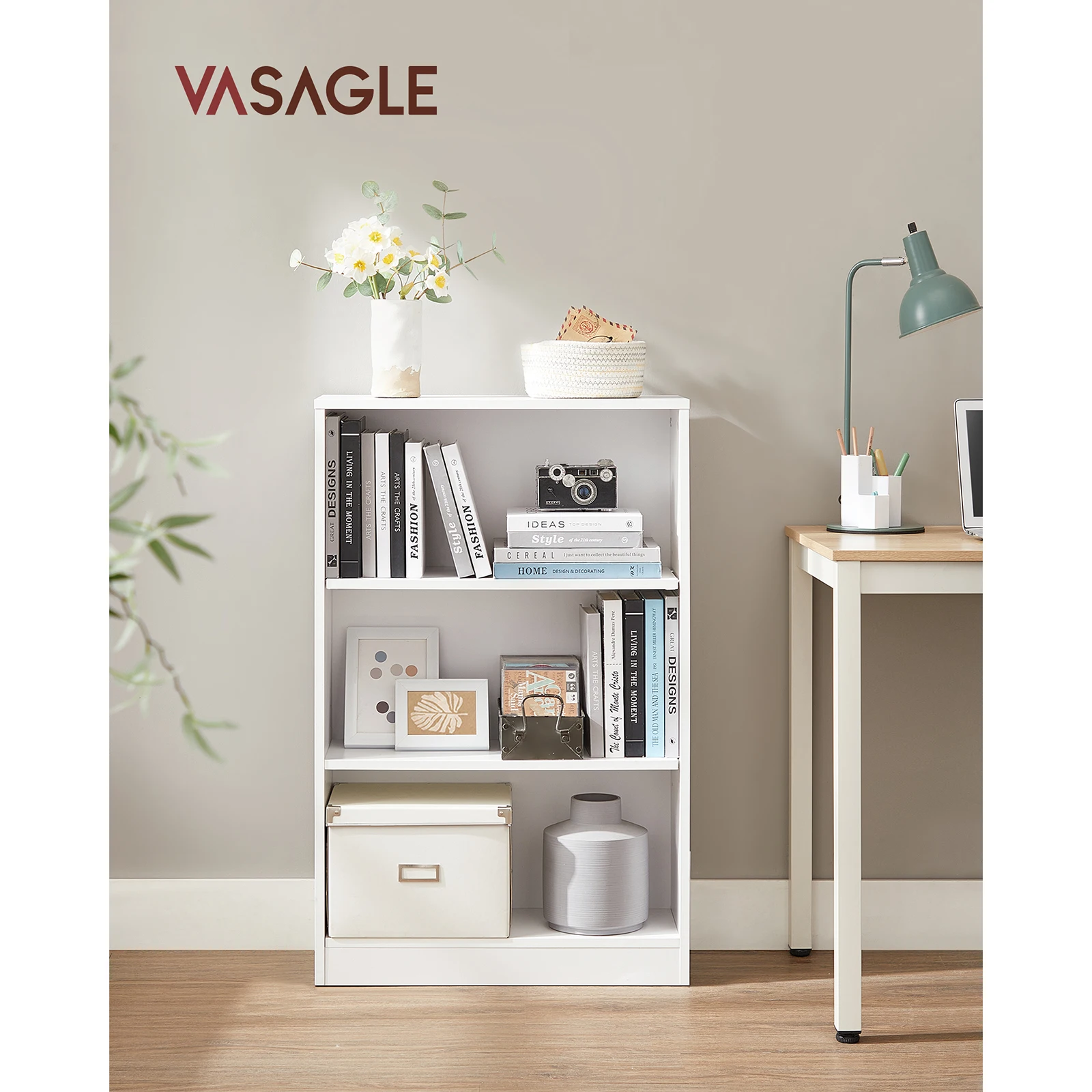 VASAGLE 3-Shelf Bookcase, Modern Style for Living Room, Study, Office, Bedroom, 24 x 60 x 93 cm, Cloud White