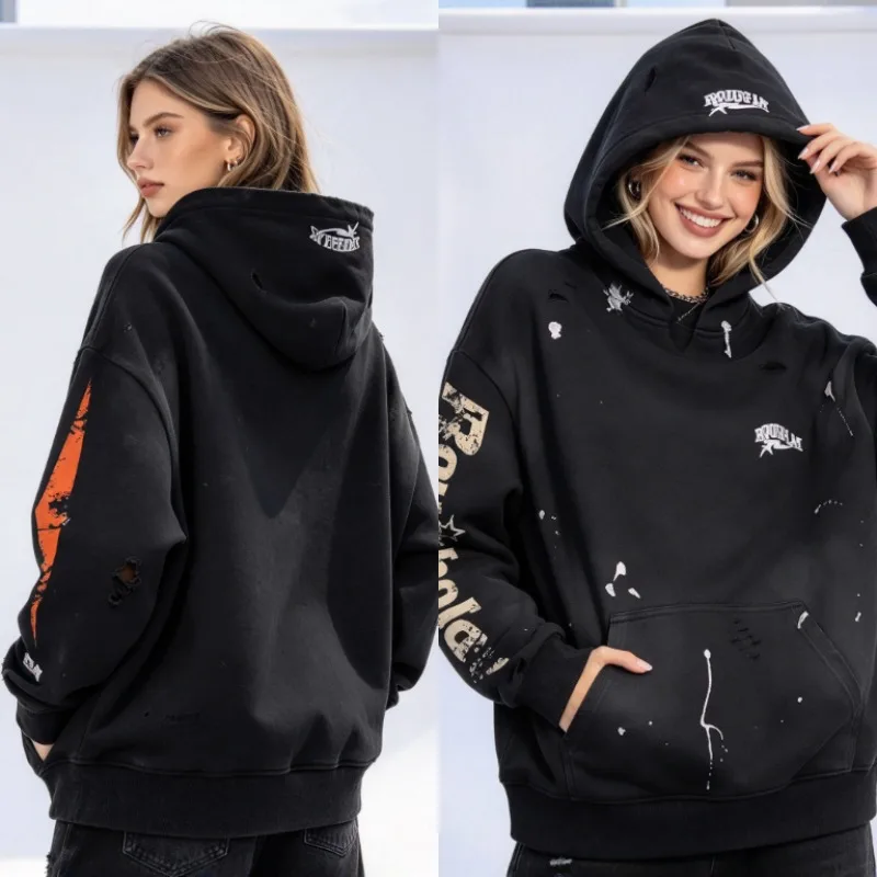 Rough Play Vintage Splash Ink Print Hoodie Men Distressed Hole Letter Logo Street Pullover