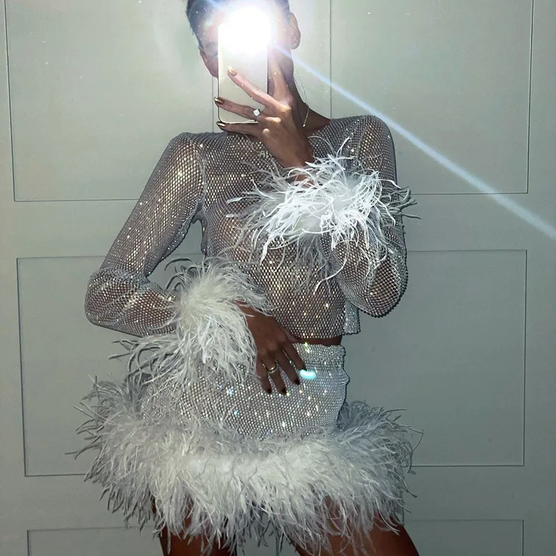 

Women Mini Dress Feather Full Sleeve Mesh Shinny Club Party Evening Summer Dresses Two Piece Sets Female Sparkle Sexy Outfit