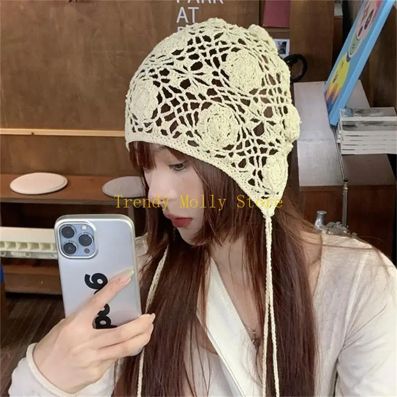 N5KB Women Hat Bohemian Hat Y2K Hot Girl Beanie Hat Pilling Eyblap Flower Hat