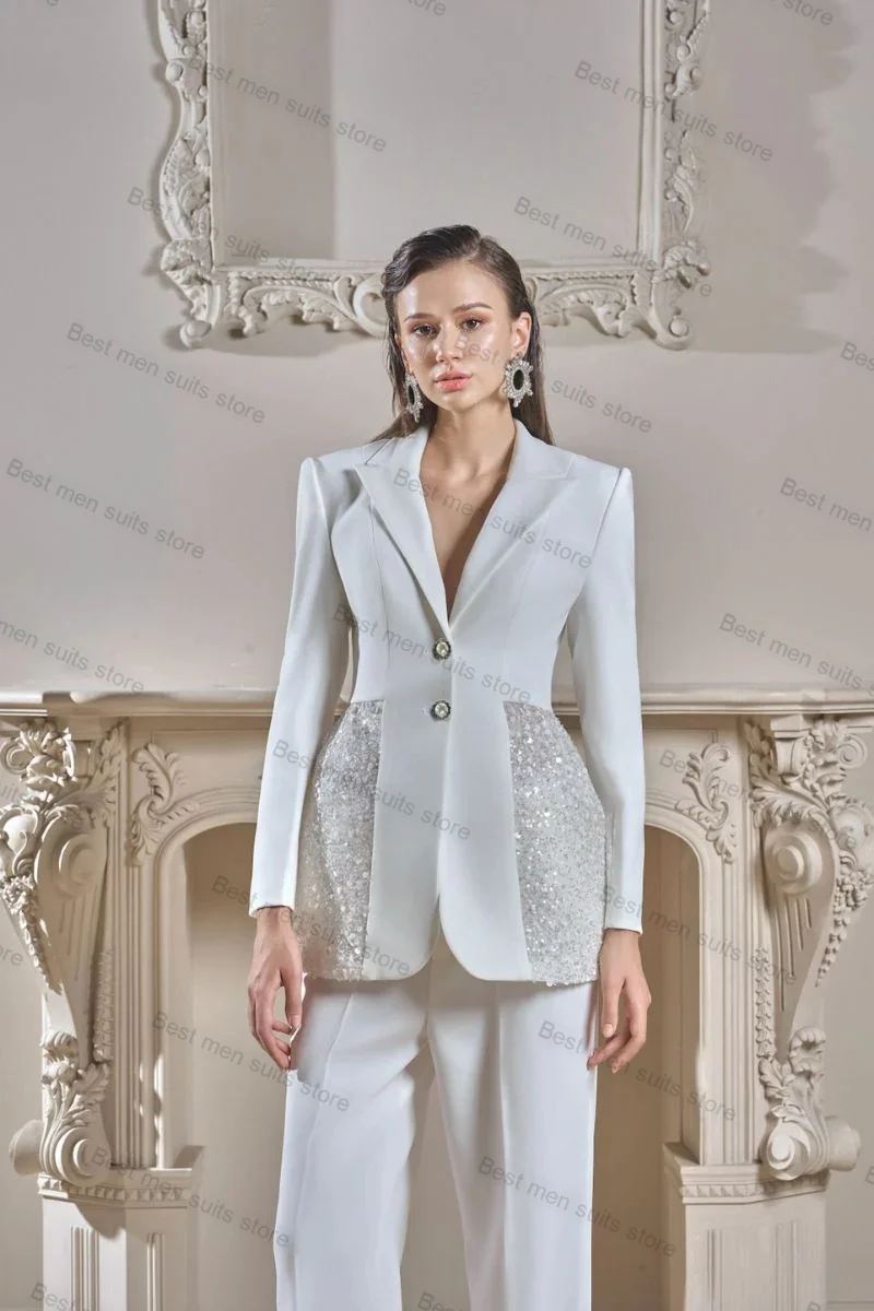 Ensemble veste et pantalon à paillettes blanches pour femmes, blazer de bureau formel, robe de Rh, smoking d'invité de mariage, sur mesure, 2 pièces