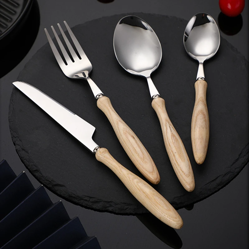 4 PCS Wooden Handle Cutlery Stainless Steel Dining Fork Coffee Spoon Steak Knife Set Japanese Tableware Kitchen Accessories