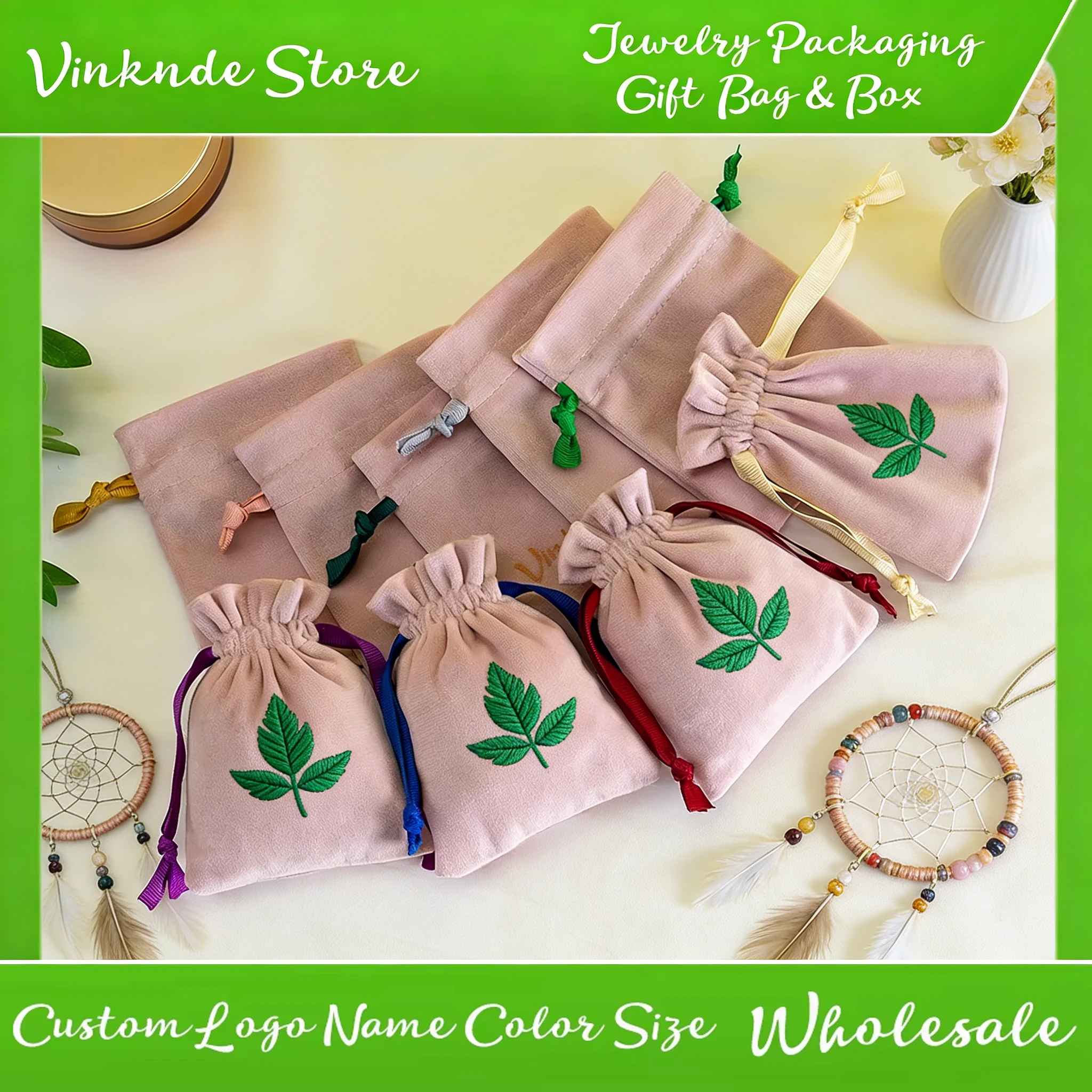 

Baby Pink Customized Logo Velvet Jewelry Packaging Drawstring Bag Earrings Rings Bracelet Pendant Organizer Pouch Wedding Favors