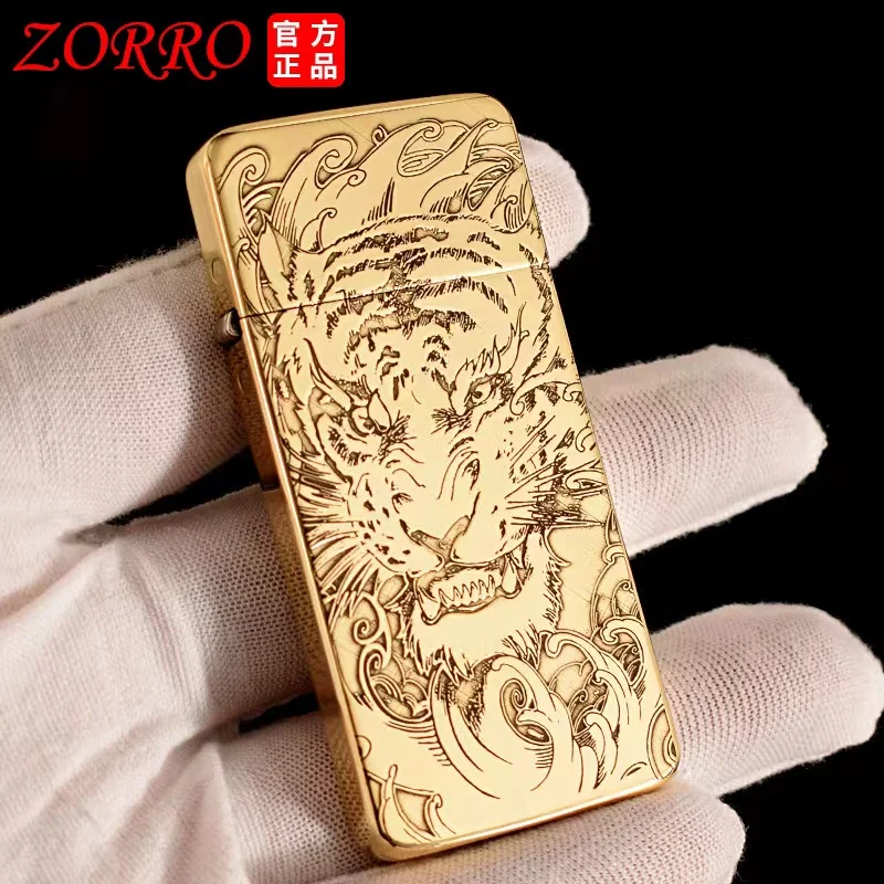 ZORRO Ultra-thin Pure Copper Double-Sided Carving Kerosene Lighter Portable Windproof Grinding Wheel Lighter Smoking Gadgets 7mm