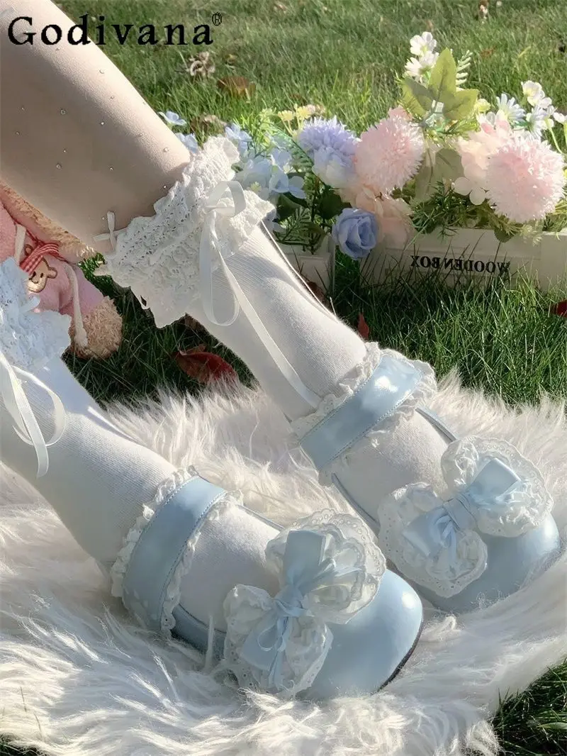 

Sweet Cute Girl Japanese Original Lolita Low Heel Single Shoes Versatile Doll Feel Lace Trim Bow Mary Jane Single Shoes