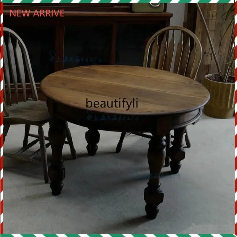 

V132 French neoclassical solid wood old dining table European retro carved round table American country