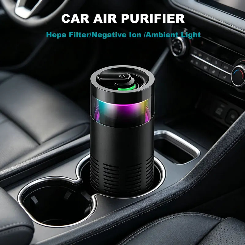 Negative Ion Car Air Purifier Odor Eliminator with Ambient Light Rapid Formaldehyde Removal for Vehicle Interior Desktop
