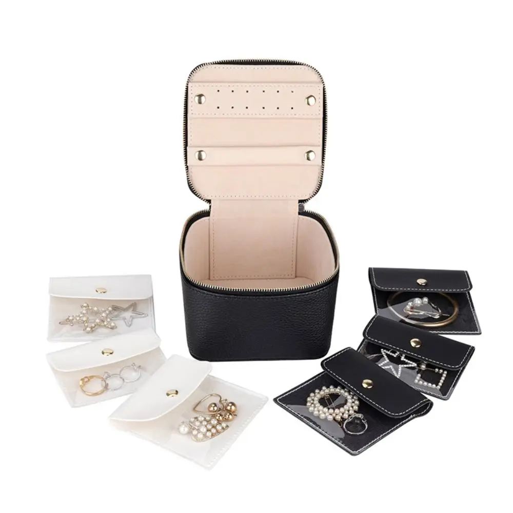 Genuine Leather Jewelry Display Box Portable Large Capacity Earrings Storage Case with 6 Velvet Zippered Pockets Multi-function