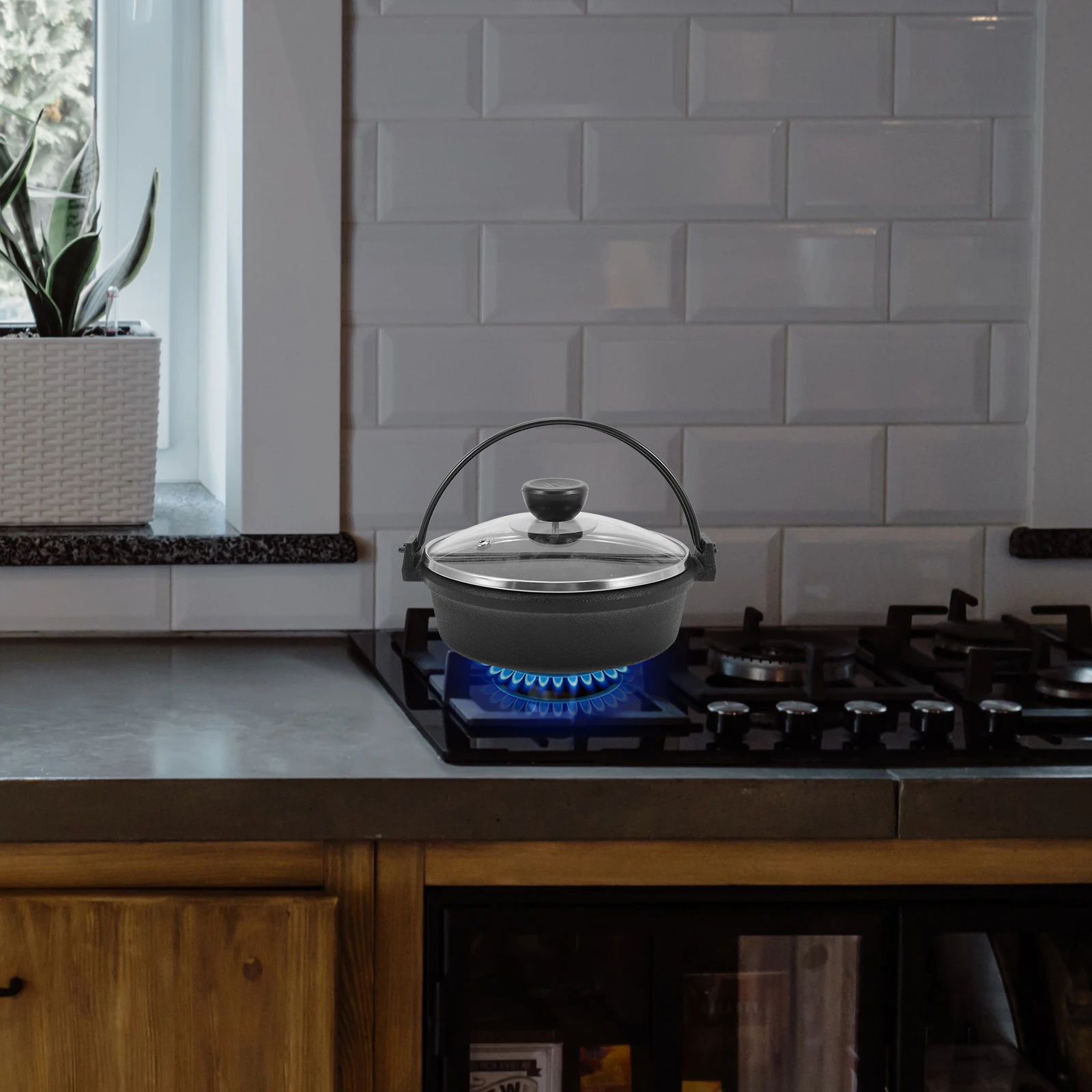 

1Set Cast Iron Sukiyaki Pot Thick Stewing Pan Hanging Handle Multi-Function Hot Pot Cooking Pan Picnic Camping