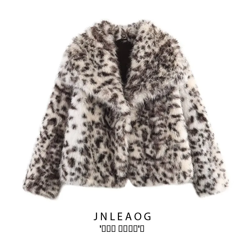 

JNLEAOG женское пальто из искусственного меха с животным принтом, теплое пальто Sli, осеннее новое поступление, длинный откидной воротник из полиэстера