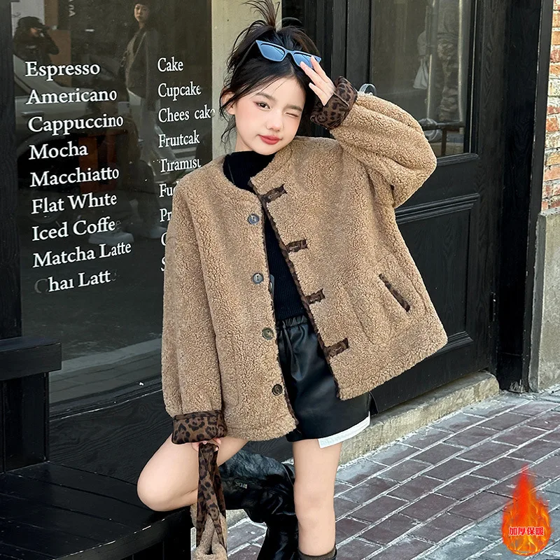 

Girls Winter Plus Fleece Coat 2024 New Korean Version Loose Fashion Casual Wear Leopard Print Both Sides Coat Fashion Clothes