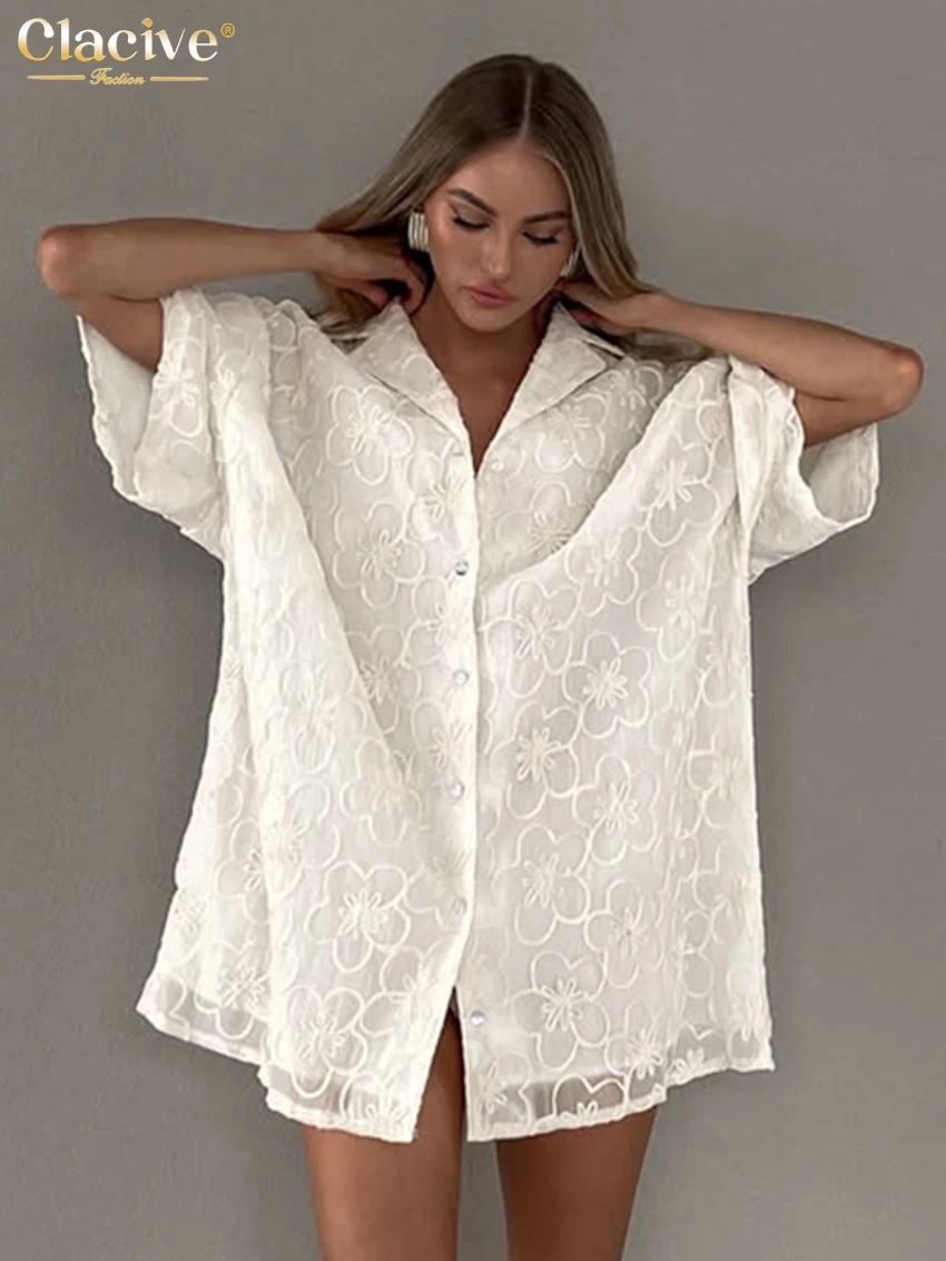 Clacive Fashion Loose Apricot Women's Blouse 2025 Casual Lapel Short Sleeve Shirt Ladies Elegant Classic Top Female Streetwear