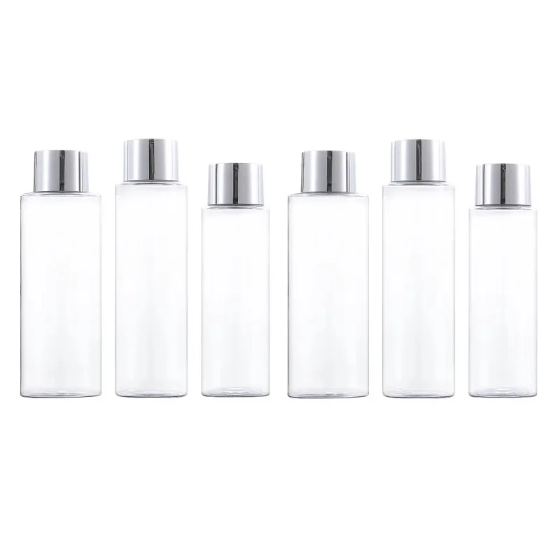 

20Pcs Shampoo Bottle Toner 100ml 120ml 150ml 200ml 250ml Glossy Silver Screw Lid PET Plastic Inner Plug Empty Lotion Bottles