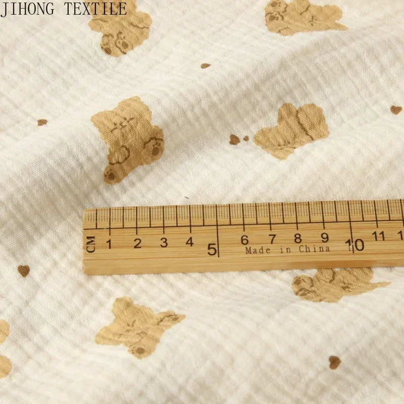 0.5m/1m/3m/5m Cotton Gauze Fabric Khaki Bear Printed Pajamas Nightdress Crepe Cotton Long-sleeved Ins Style Homewear Fabric
