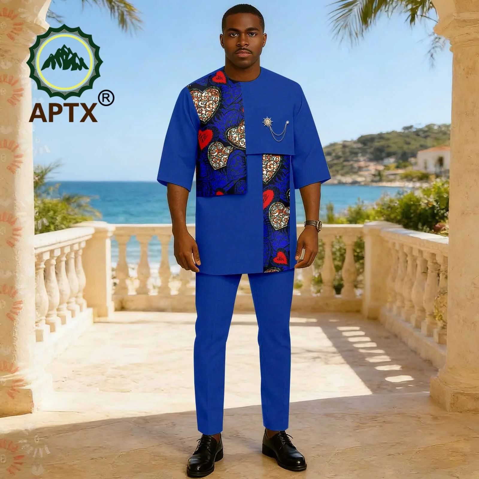 African Clothing for Men Casual Ankara Print O-Neck Short Sleeve Patchwork Top and Pants 2 Piece Suit Dashiki Party 2616067