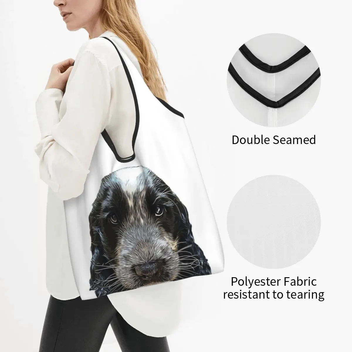 Cocker Spaniel Blue Roan Puppy Dog Portable Tote Shopping Bags Large Capacity Shopper Bag Grocery Handbag Shoulder Bag