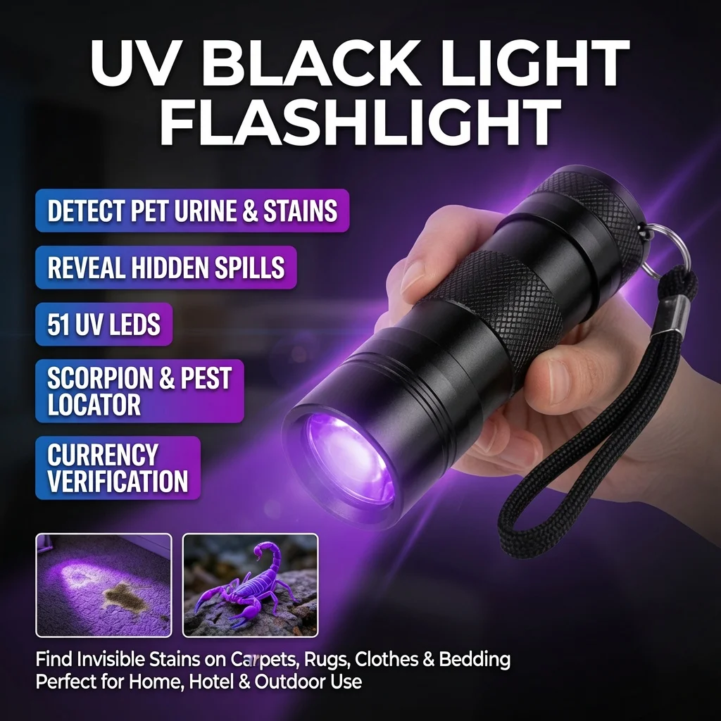 UV Flashlight Black Light 395nm, 12 LED Handheld Pet Urine Detector for Carpet & Clothes, Money Verification, 3 AAA Batteries